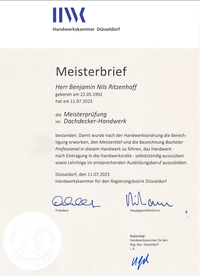Meisterbrief von Benjamin Ritzenhoff